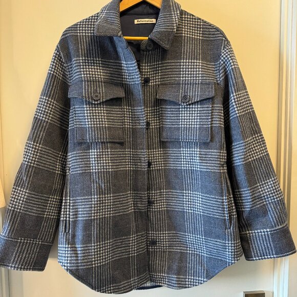 Reformation Giles Plaid Wool Shirt Jacket / Blue / M - Picture 3 of 16